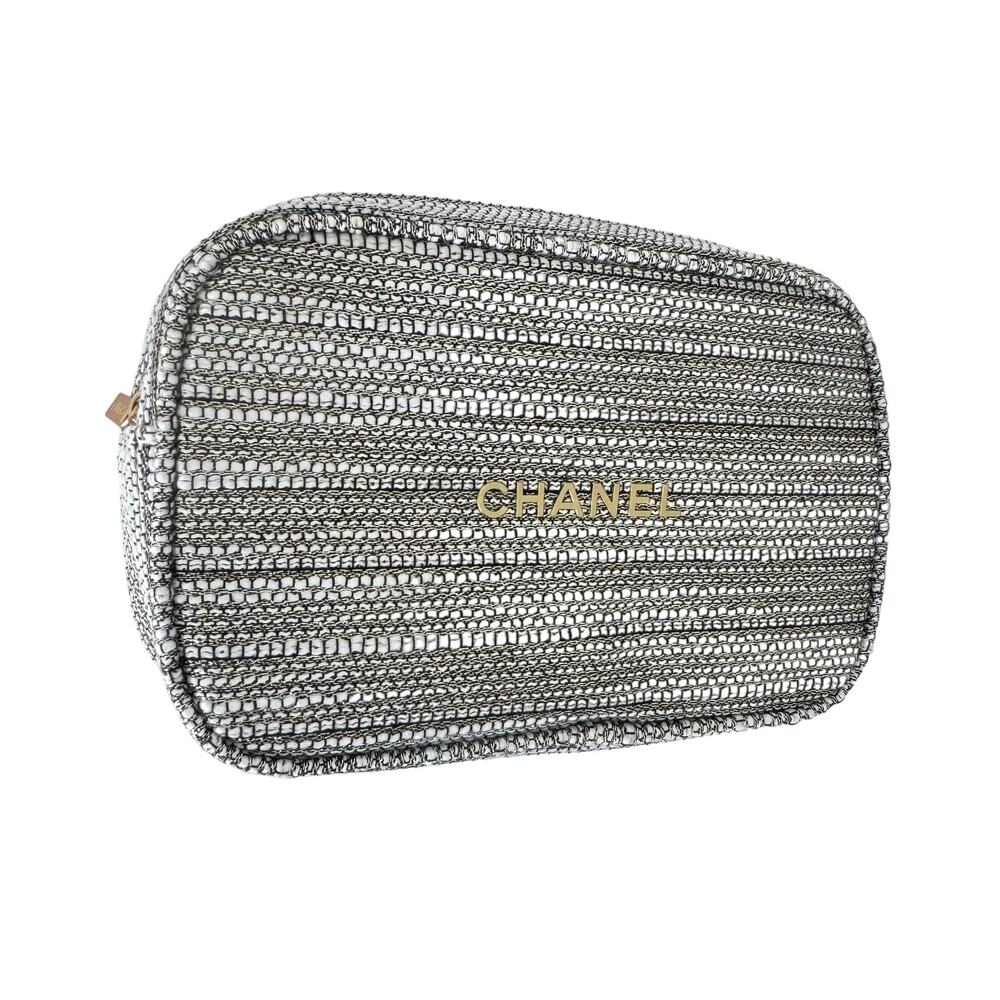 Chanel Beauté Tweed Cosmetic Pouch Makeup Toiletry Bag Silver/White